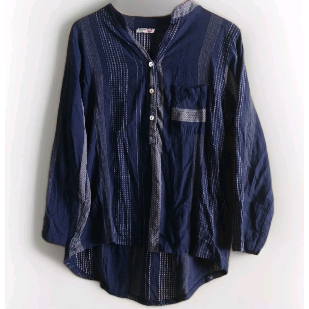 Italian Cotton Knit Shirt Unisex Navy Blue Stripe Button